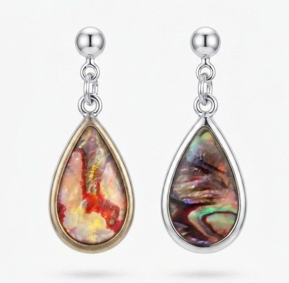 Iridescent Ammolite Earrings Red/Orange Color Changers, Teardrop Shape Boho Chic - Picture 2 of 8